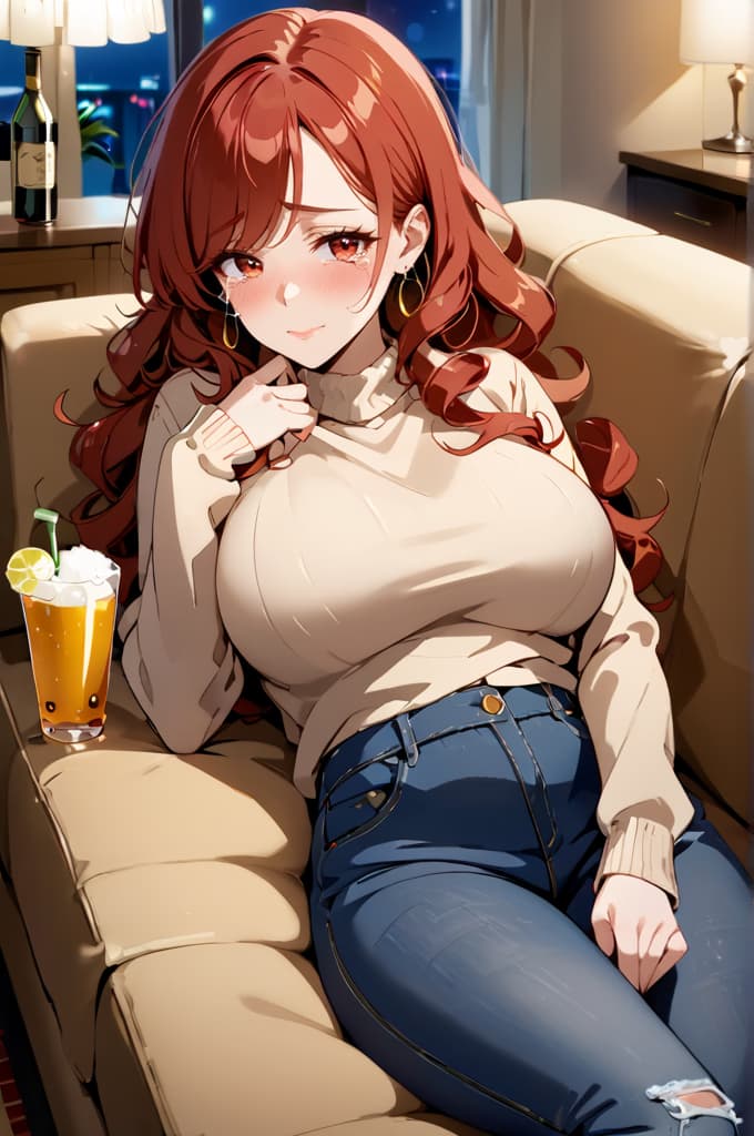 Imagem do personagem - sitting on couch, relaxed and playful expression, wearing cream turtleneck and blue jeans, legs slig