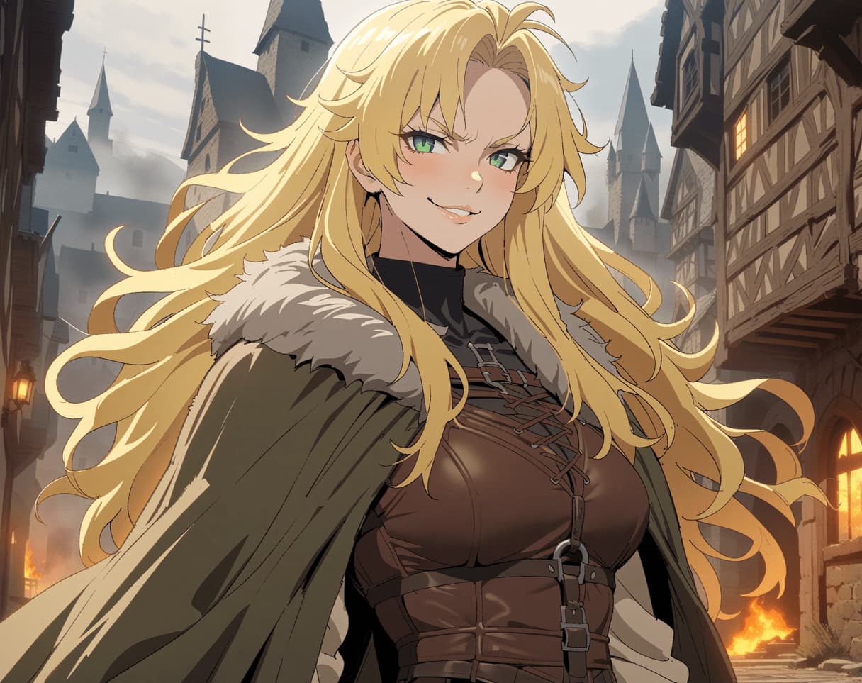 캐릭터 이미지 - confident smile in medieval town, fully clothed in leather corset and fur-lined cloak, long blonde h