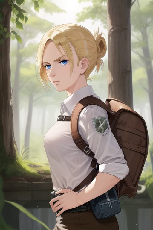 صورة الشخصية - serious expression in forest, standing with hand on hip, wearing white shirt and brown pants, fully