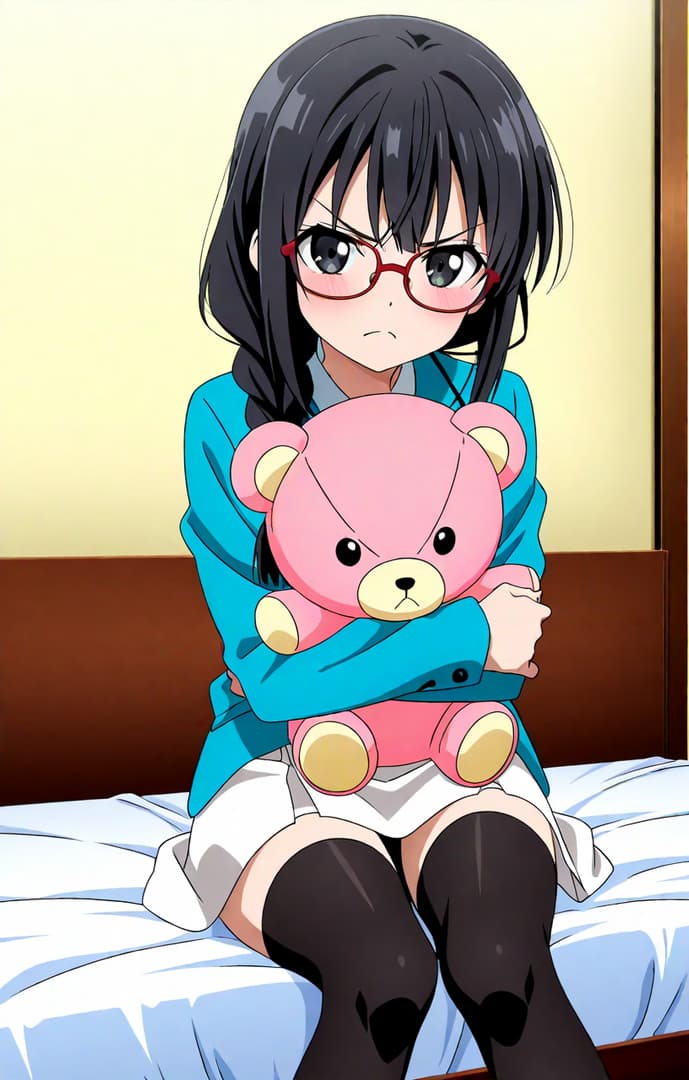 캐릭터 이미지 - angry expression with red glasses, sitting on bed, hugging pink teddy bear, wearing blue jacket and