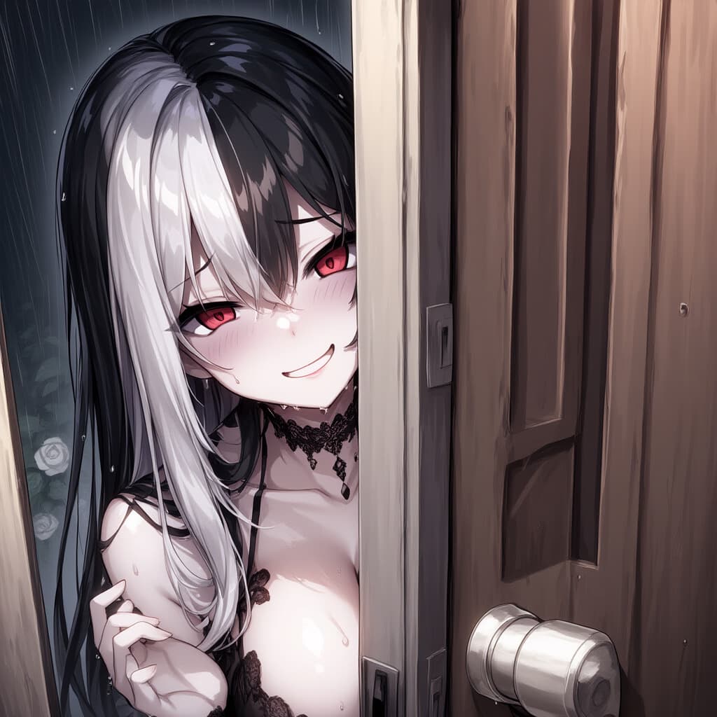 Charakterbild - nude, topless, wet skin, peeking from behind door, black and white hair, red eyes, seductive smile,