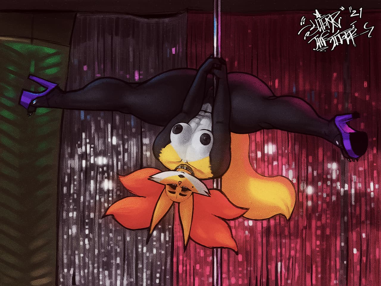 किरदार इमेज - nude on pole, legs spread wide, seductive expression, hanging upside down, breasts exposed, genitals