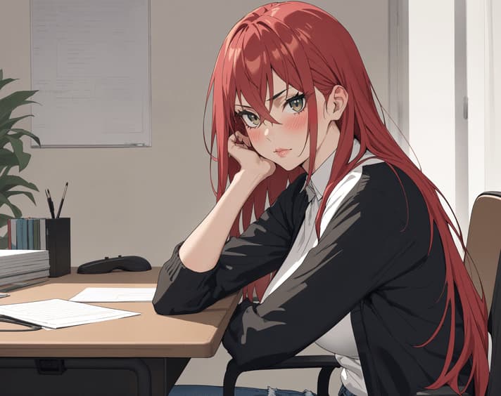 캐릭터 이미지 - sitting at desk in office, red-haired woman in business attire, hand on chin, thoughtful expression,