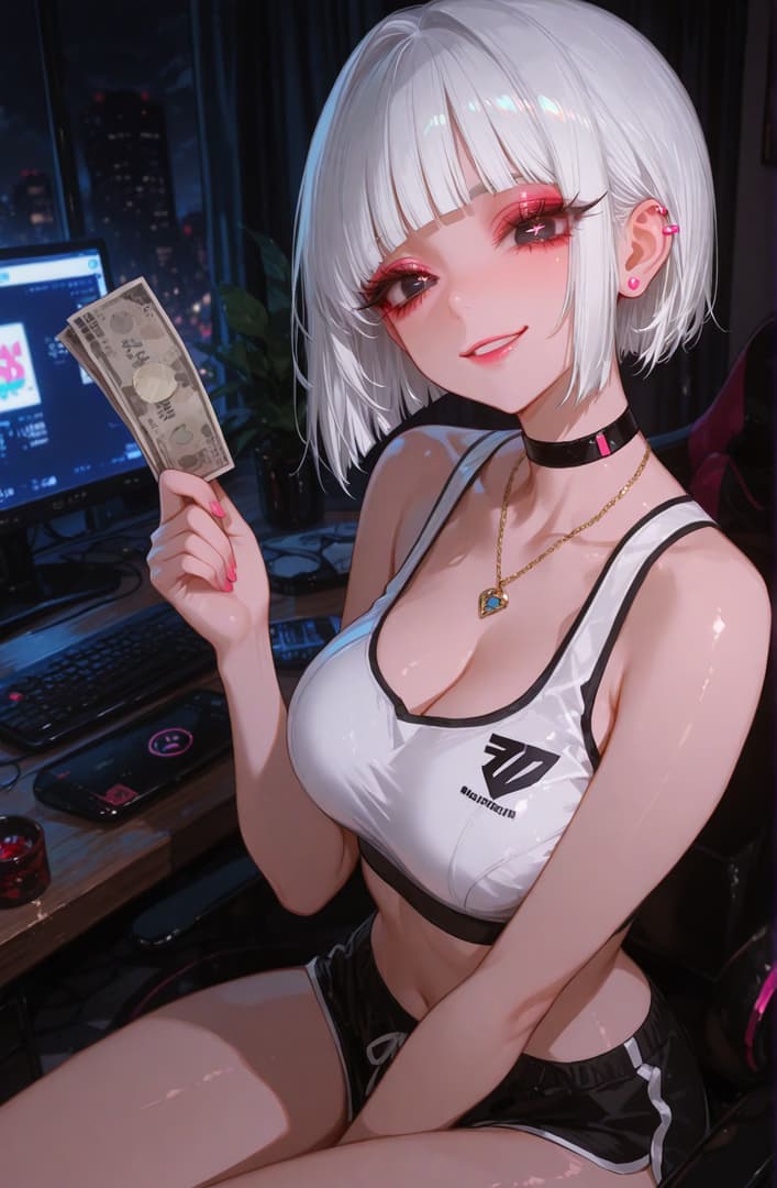Immagine del personaggio - sitting at desk in gaming setup, holding Japanese yen, white bob hair, red eyes, smiling seductively