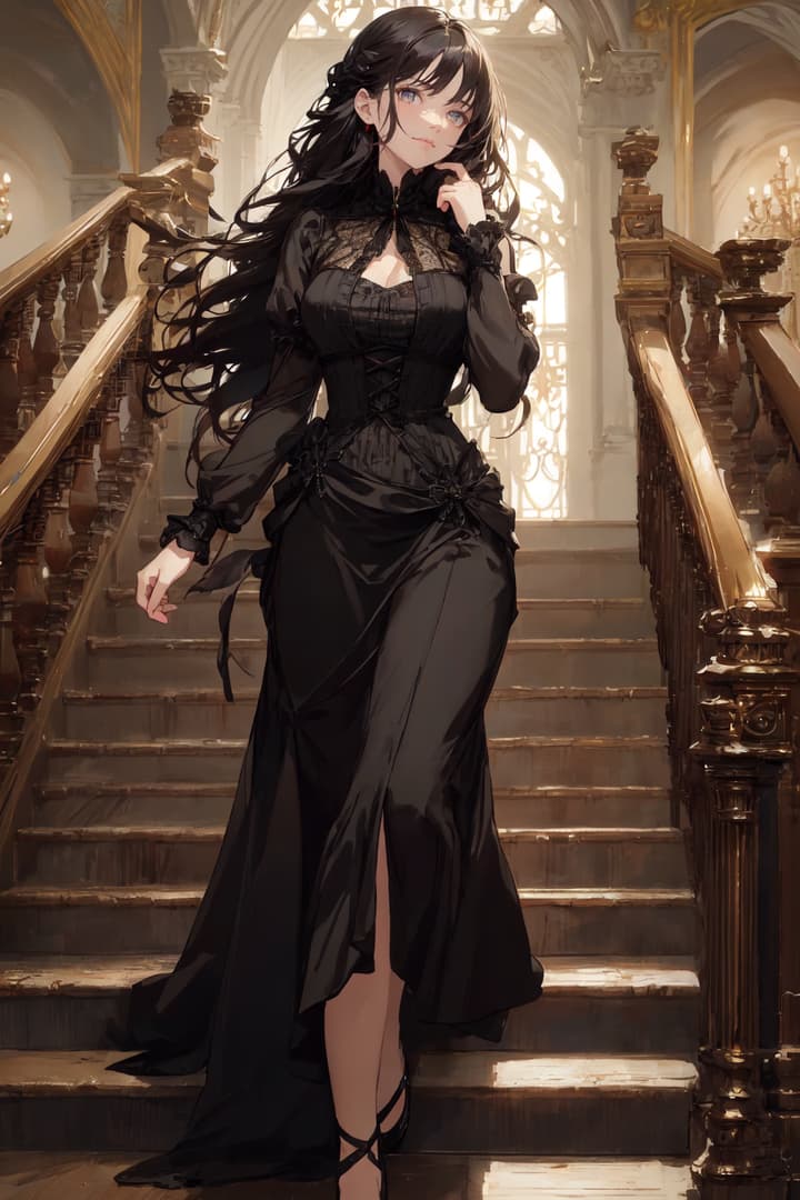 รูปภาพตัวละคร - elegant woman in black gothic dress, standing on grand staircase, one hand touching her chin, seduct