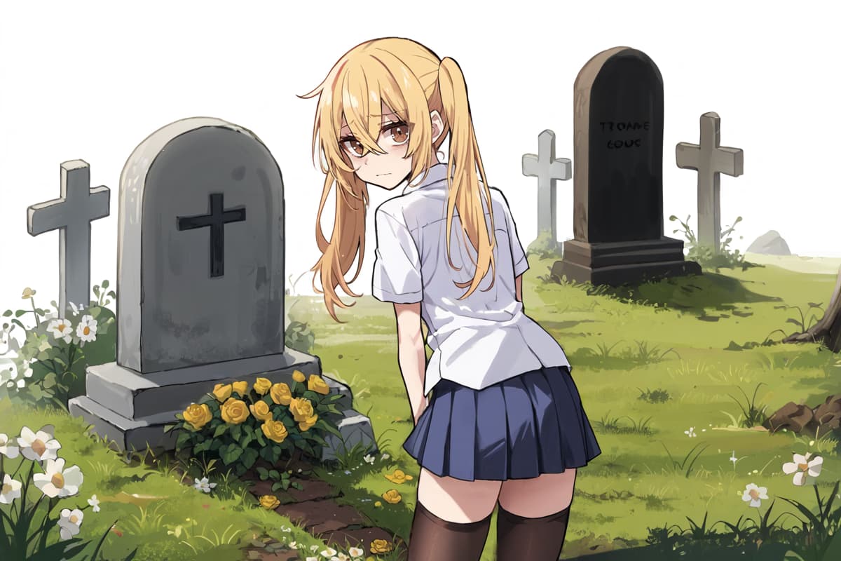 Imagen del personaje - sad expression, standing in cemetery, looking back over shoulder, wearing school uniform with short