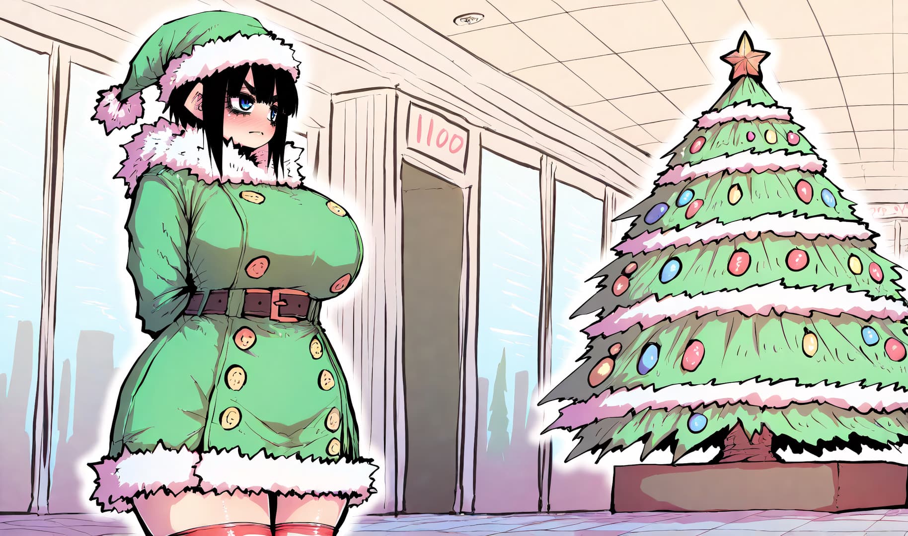 Obraz postaci - angry expression, standing in hallway, wearing green elf costume with white fur trim, fully clothed,