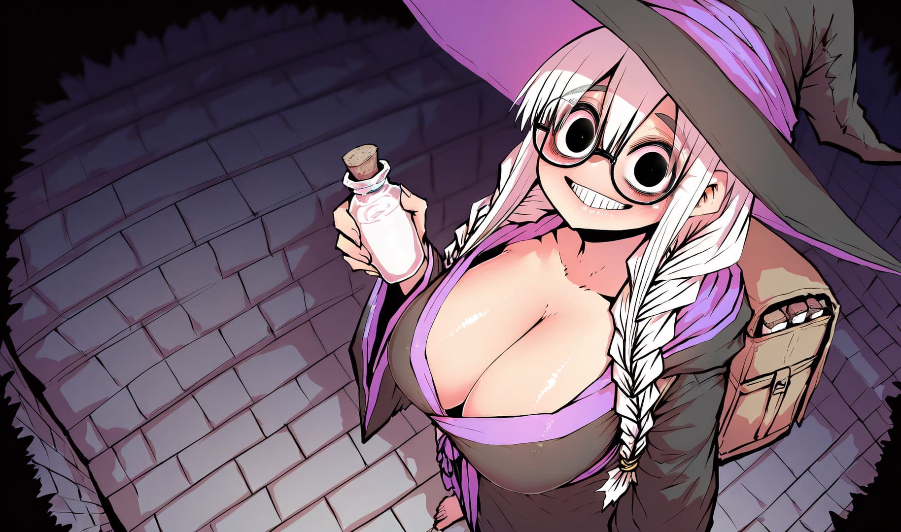 Karakter görseli - topless witch with large breasts exposed, wearing a purple hat and glasses, holding a potion bottle,