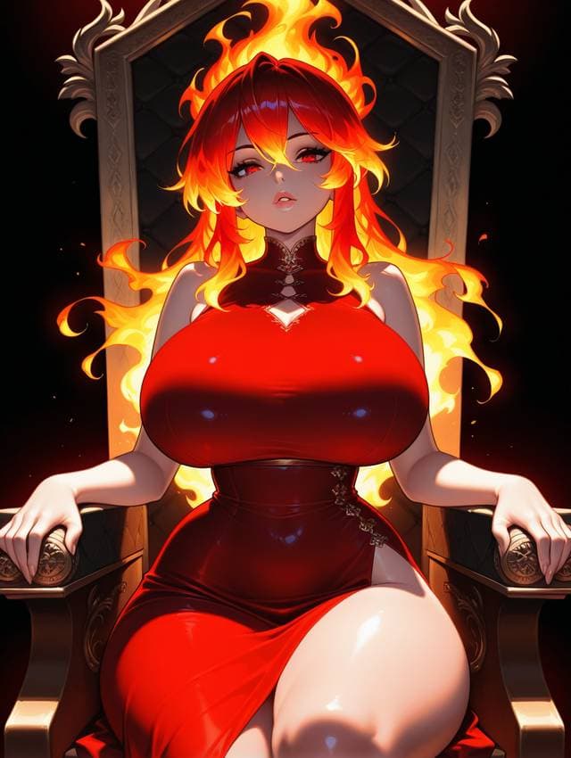 Изображение персонажа - nude on throne, legs spread, breasts and genitals visible, seductive expression, fire surrounding he