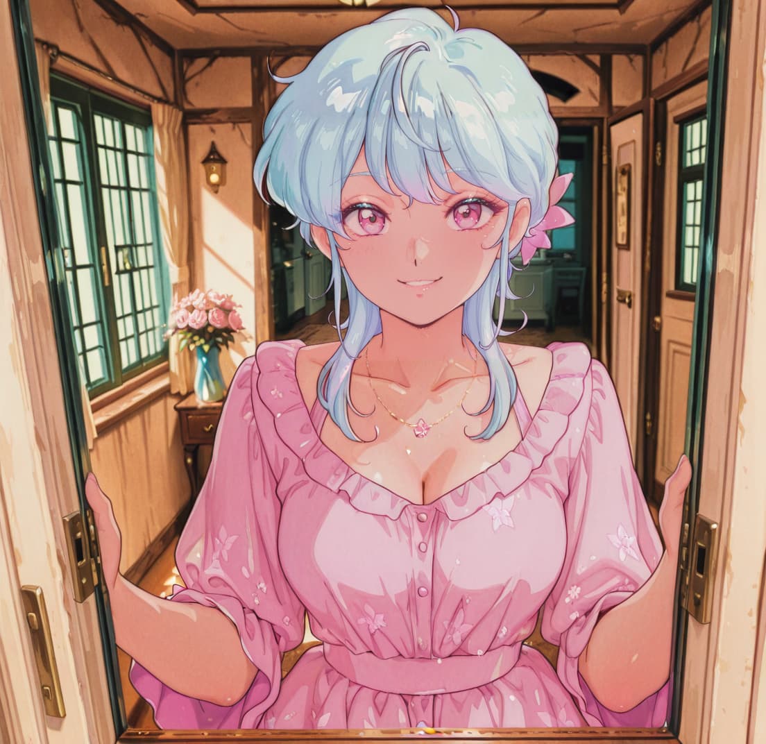 รูปภาพตัวละคร - smiling with rosy cheeks, standing in doorway, wearing pink dress with ruffled sleeves and neckline,