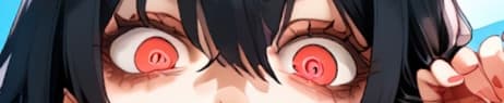 캐릭터 이미지 - close-up of anime character's face, wide red eyes with spiral pupils, intense and startled expressio