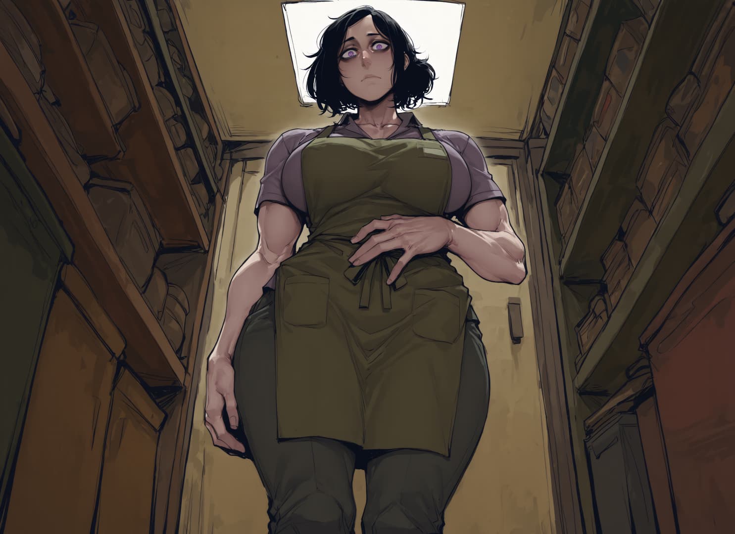 캐릭터 이미지 - woman in apron standing in narrow hallway, muscular build, serious expression, hands on hips, fully