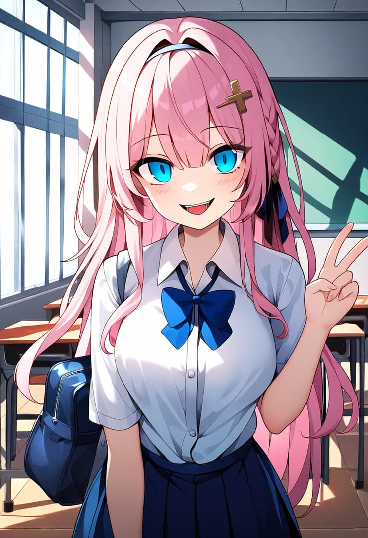 Изображение персонажа - happy expression in classroom, wearing school uniform with blue bow, making peace sign, fully clothe