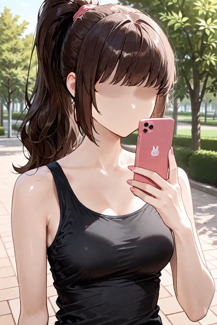 Hình ảnh nhân vật - outdoors in park, holding pink phone with bunny sticker, black tank top, hair in high ponytail, shy