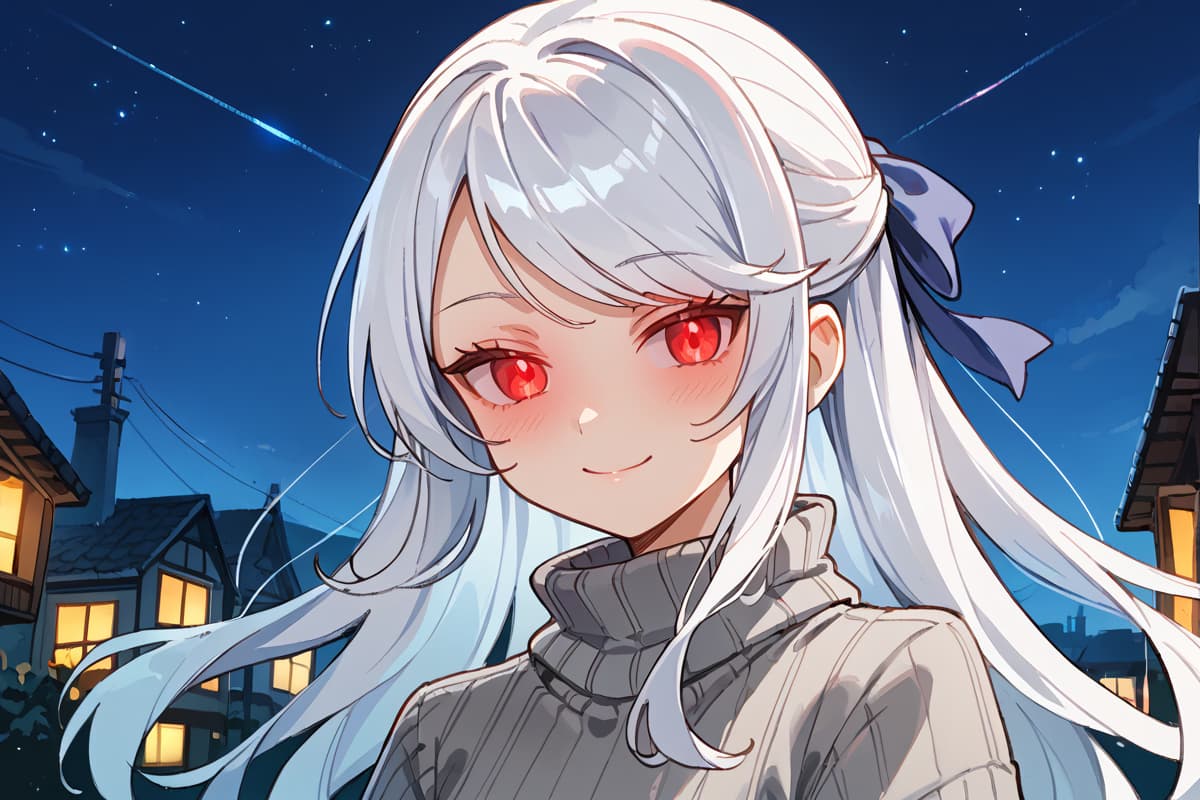 Karakter görseli - happy expression, standing outdoors at night, silver hair with blue ribbon, red eyes, wearing high-c