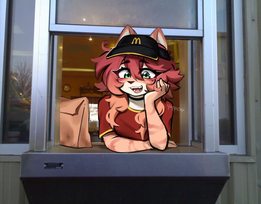 Imagen del personaje - A cheerful anime-style character with pink hair and cat ears, wearing a McDonald's hat and red unifo