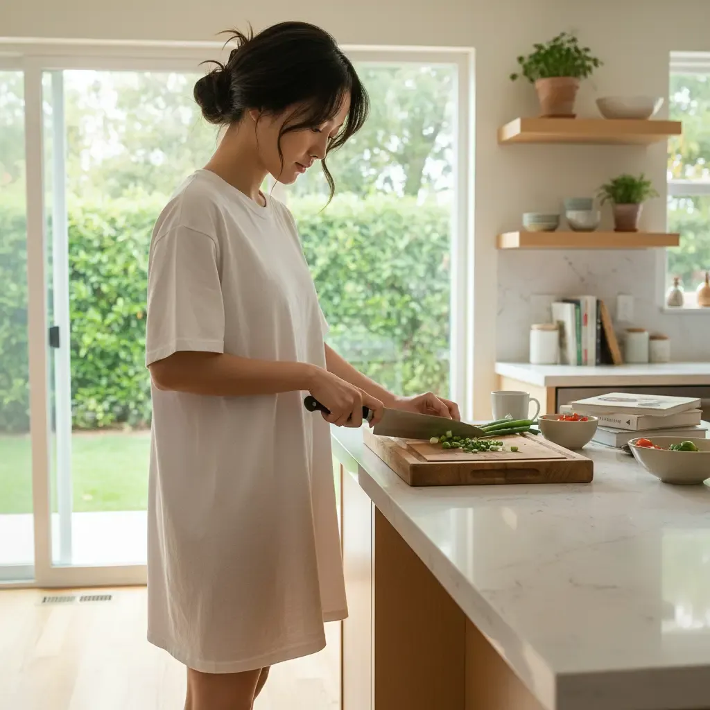 Immagine del personaggio - woman in white t-shirt dress, chopping green onions on wooden cutting board in bright kitchen, focus