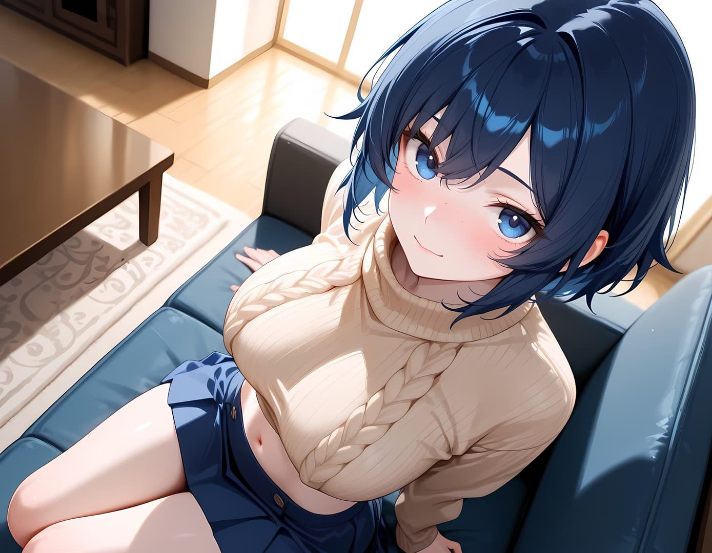 Charakterbild - sitting on couch, smiling, wearing beige turtleneck sweater and blue shorts, breasts exposed, legs s
