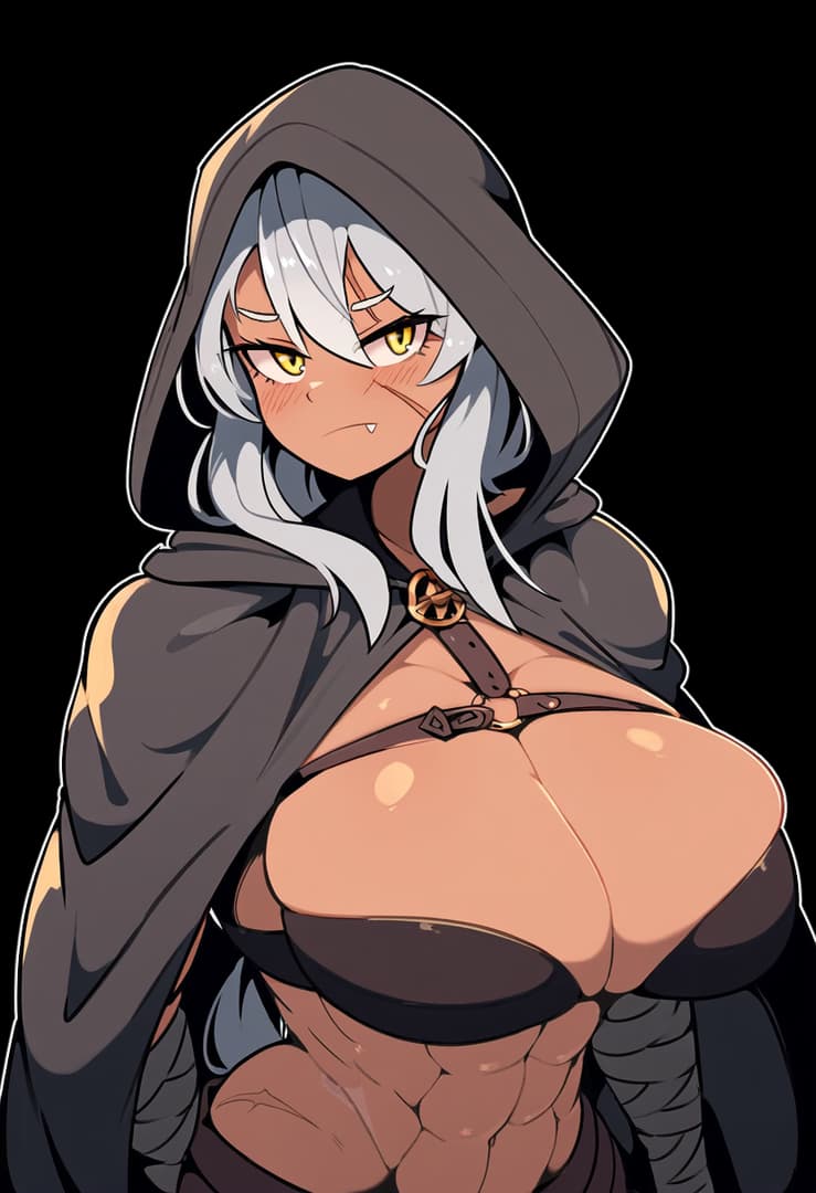 Karakter görseli - angry expression, hooded cloak open to expose large breasts and midriff, standing pose, no backgroun