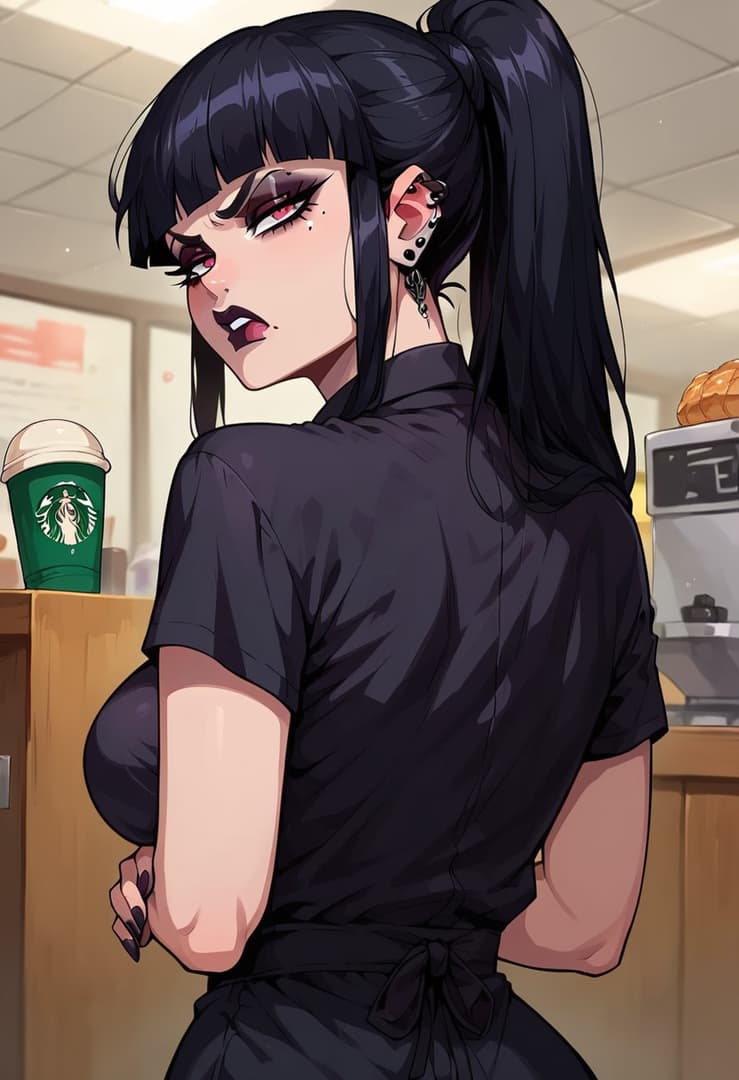 Charakterbild - angry pout with crossed arms, standing in cafe, wearing black uniform, fully clothed, intense expres