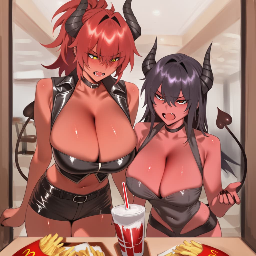 صورة الشخصية - Two demonic women with horns and tails in a fast food restaurant, both wearing black leather-like to