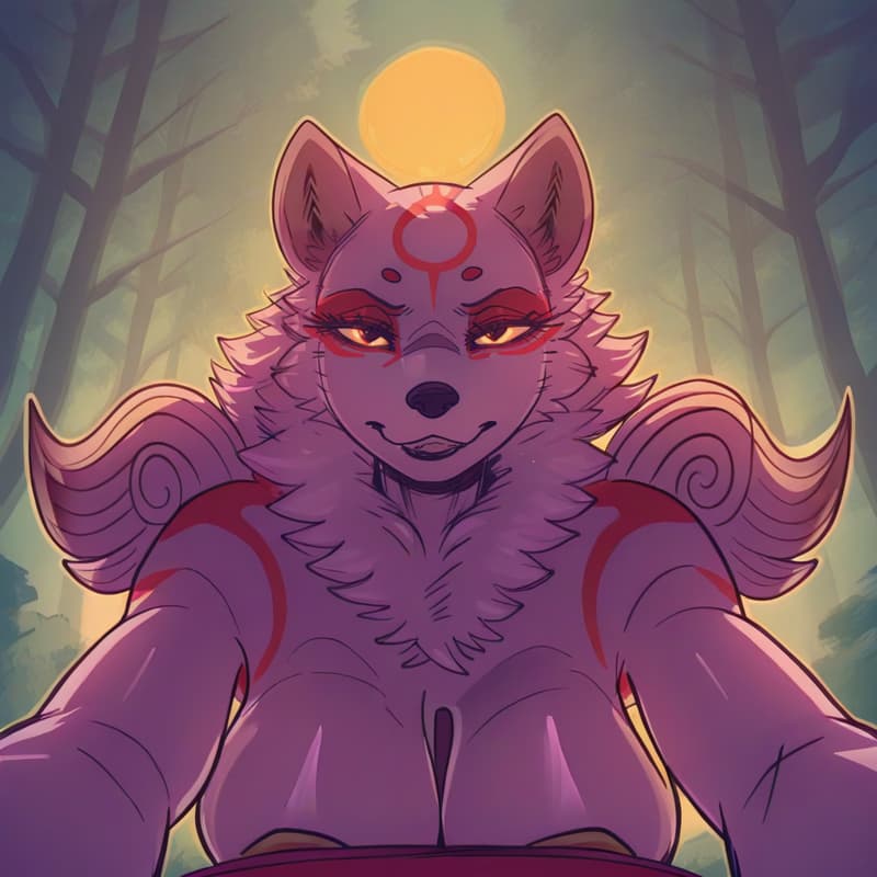 Image du personnage - nude, sitting in forest, legs spread, breasts exposed, seductive expression, glowing eyes, red marki