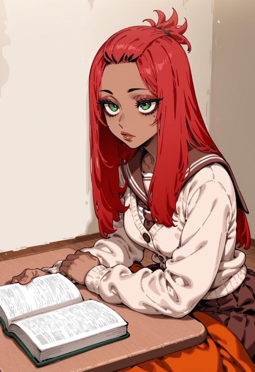 Imagem do personagem - sitting at desk, reading book, serious expression, red hair, school uniform, fully clothed, cozy stu