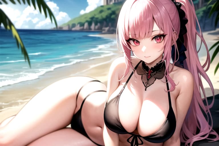 Charakterbild - at beach in black bikini, sitting with legs spread, breasts exposed, seductive expression, pink hair