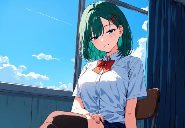 Obraz postaci - sitting by window, green hair with red clip, wearing school uniform with red bow tie, light blue shi