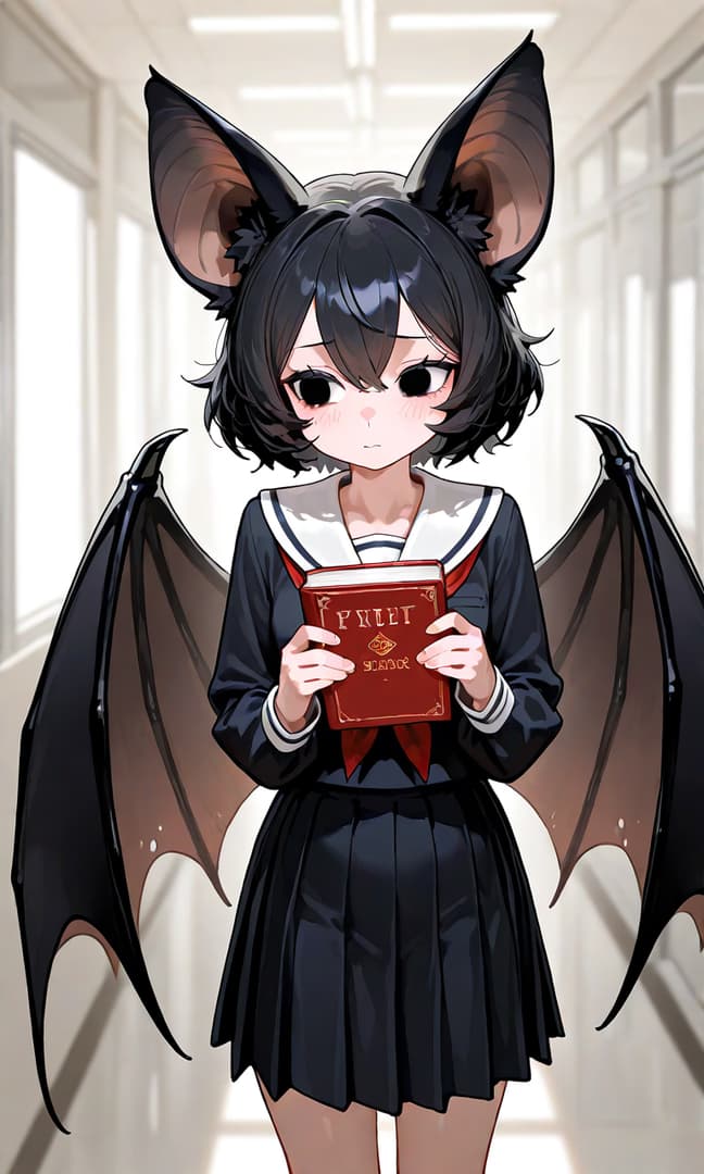 캐릭터 이미지 - shy expression in school hallway, wearing sailor uniform with bat ears and wings, holding a red book
