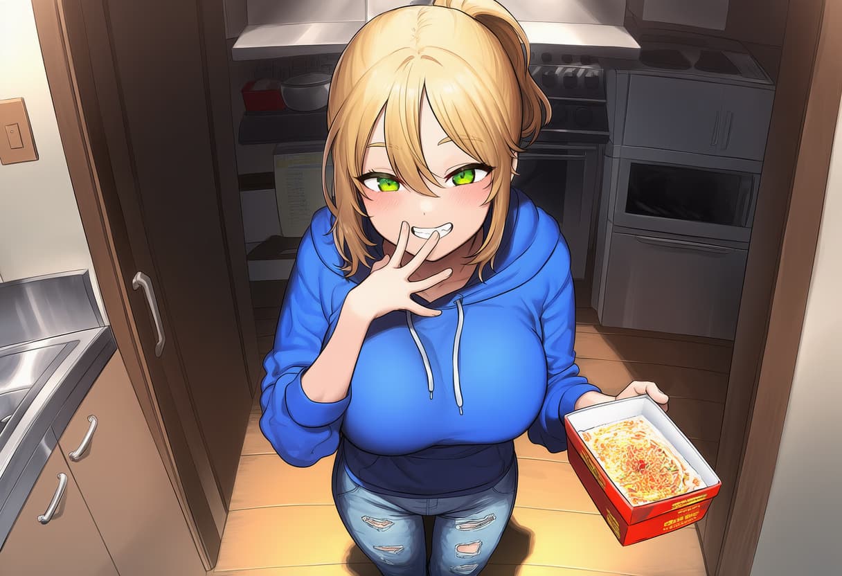 Karakter görseli - In kitchen, wearing blue hoodie and ripped jeans, holding pizza box, playful expression with hand ne