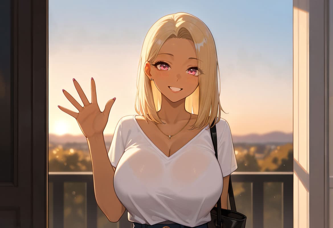 캐릭터 이미지 - smiling and waving, standing on balcony at sunset, wearing white V-neck t-shirt, fully clothed, brea