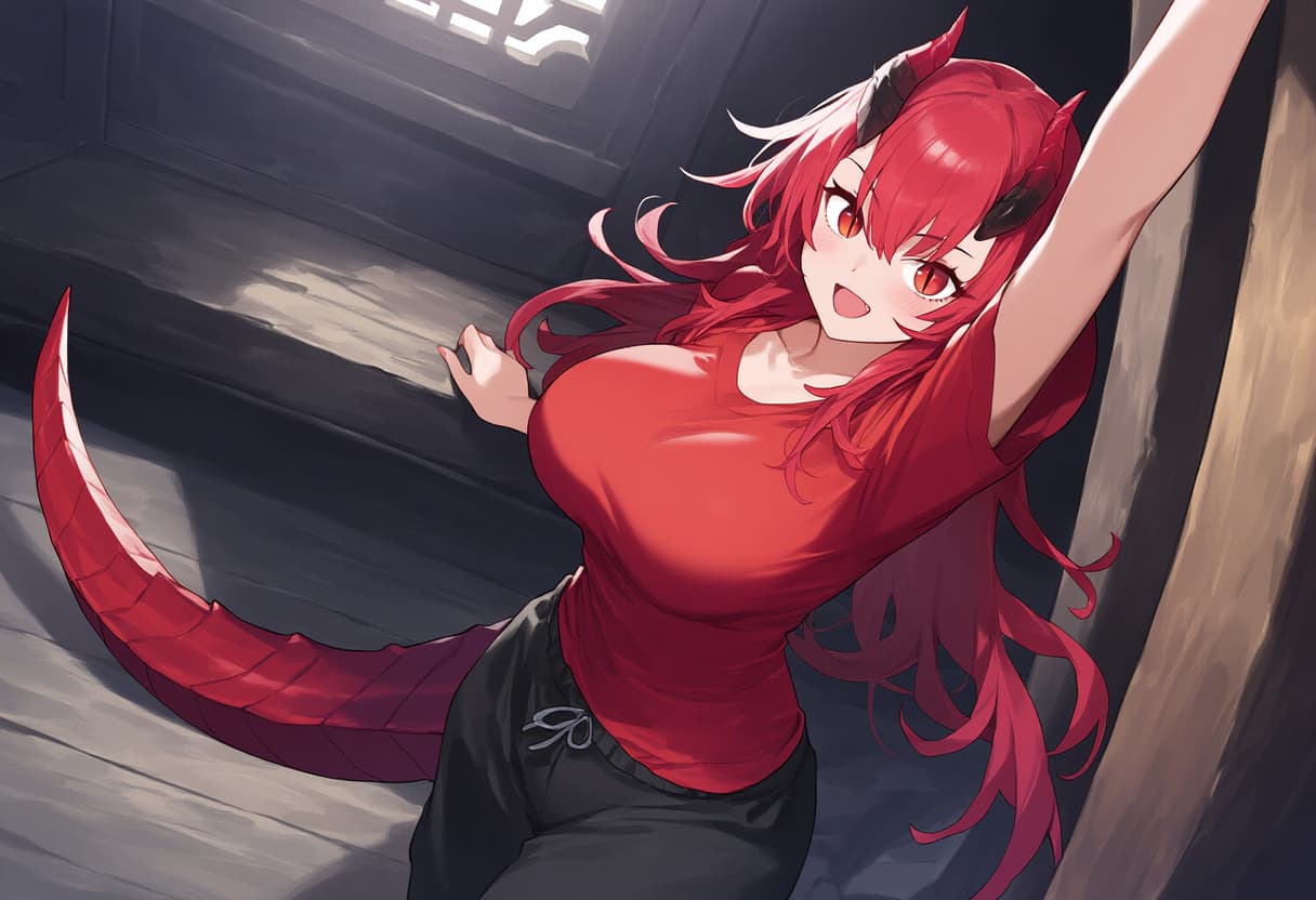 صورة الشخصية - red-haired demon girl in red top and black pants, stretching with one arm raised, tail curled behind