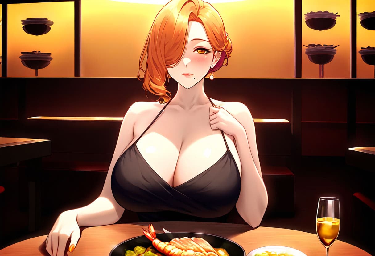Karakter görseli - seductive expression, sitting at restaurant table, wearing black strap dress with deep cleavage, bre