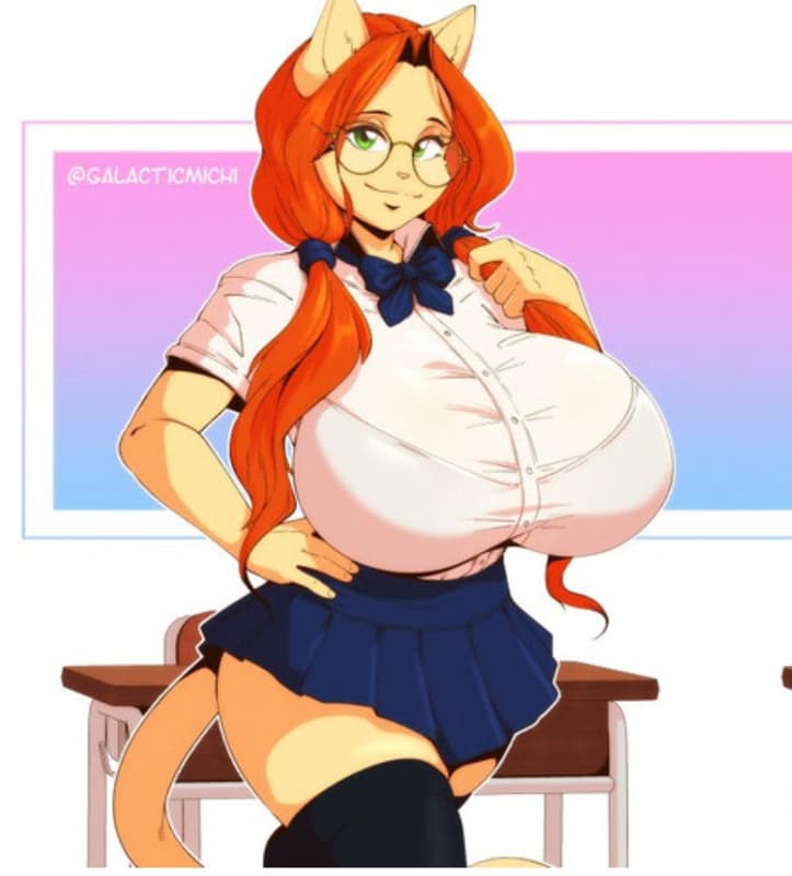 Image du personnage - Sitting at a school desk, cat girl with orange hair and ears, wearing a white shirt and blue skirt,