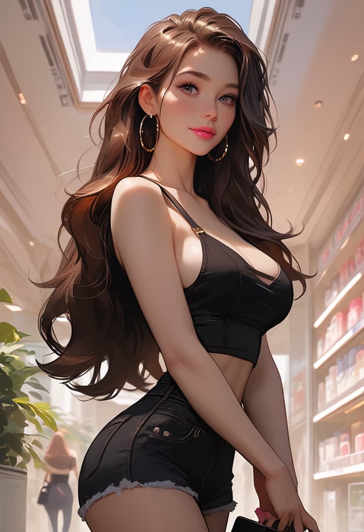 Image du personnage - seductive expression, standing in store, wearing black crop top and denim shorts, breasts and thighs