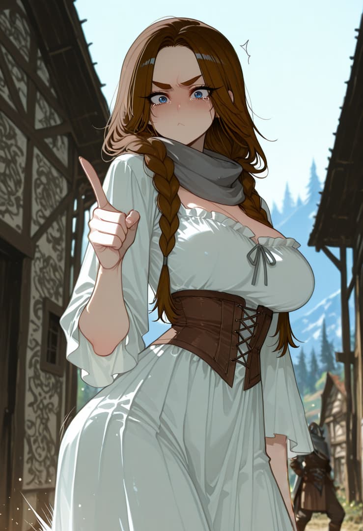 Karakter görseli - angry expression, pointing finger, standing in village street, wearing white dress with brown corset