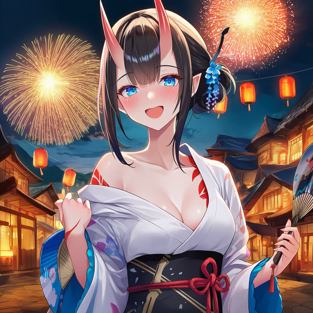 Imagen del personaje - happy and playful, standing outdoors at night, wearing a traditional Japanese kimono with a low neck