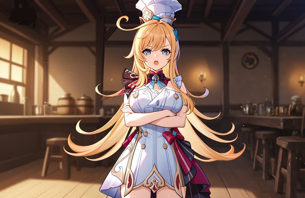 Obraz postaci - Angry pout with crossed arms, in a kitchen setting, wearing a chef outfit with long blonde hair, ful