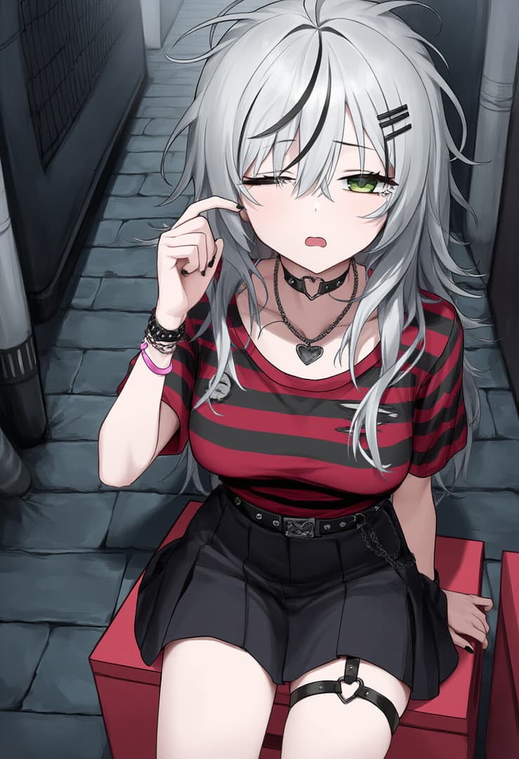 किरदार इमेज - Sitting on a red box in an alley, silver-haired girl with green eyes, wearing a red and black stripe