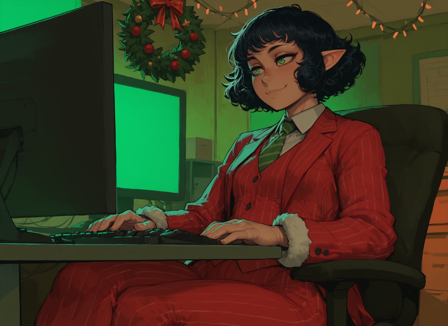 Charakterbild - sitting at computer, wearing red pinstripe suit with white fur cuffs, elf ears, green eyes, smiling
