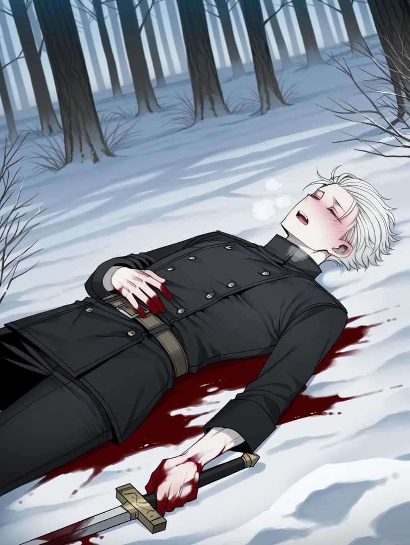 Obraz postaci - lying in snow, injured and bleeding, white hair, dark uniform, blood on hands and sword, eyes closed