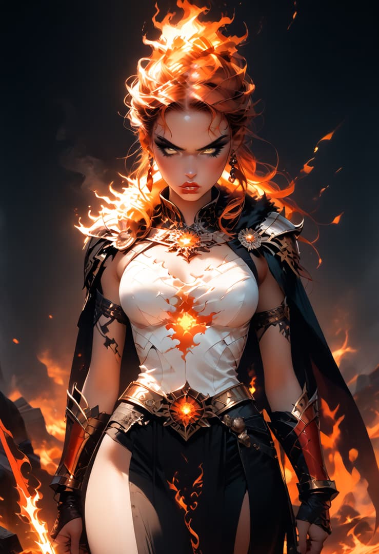 Imagen del personaje - angry expression, standing in flames, wearing white armored top with glowing fire design on chest, b