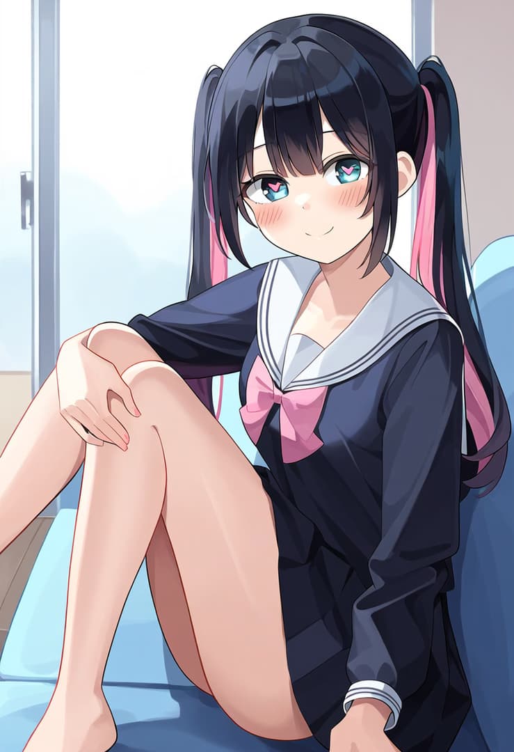 Charakterbild - sitting on a bed, legs spread, wearing a school uniform with a pink bow, smiling seductively, showin