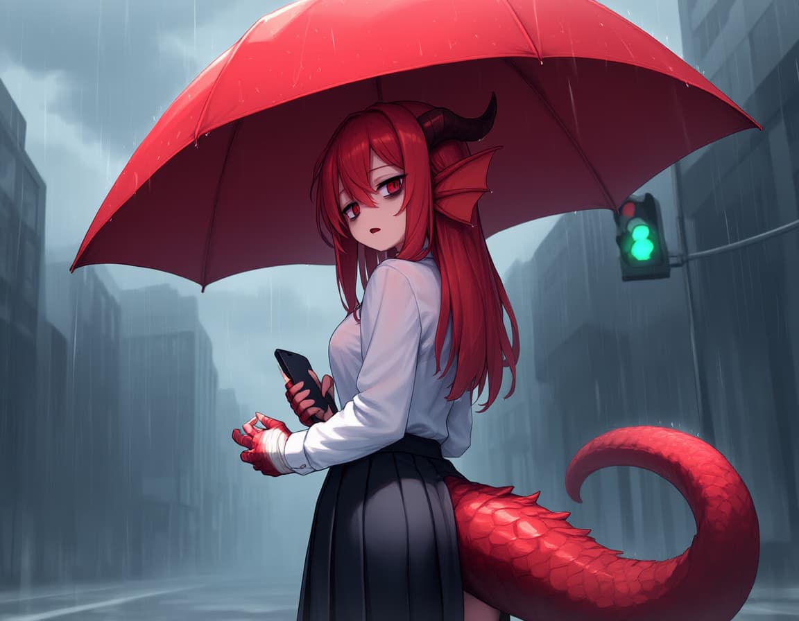 Immagine del personaggio - Red-haired demon girl with horns and tail, holding a red umbrella in the rain, wearing a white shirt