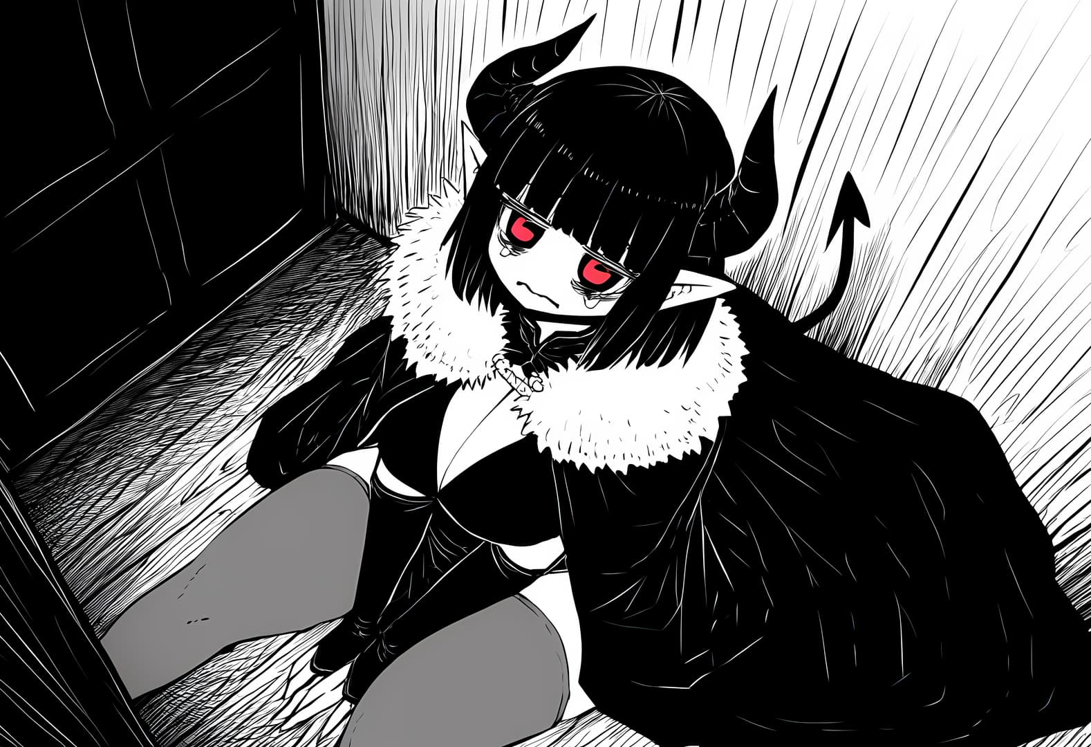 صورة الشخصية - nude on wooden floor, legs spread, sitting with hands on thighs, seductive expression, red eyes, hor