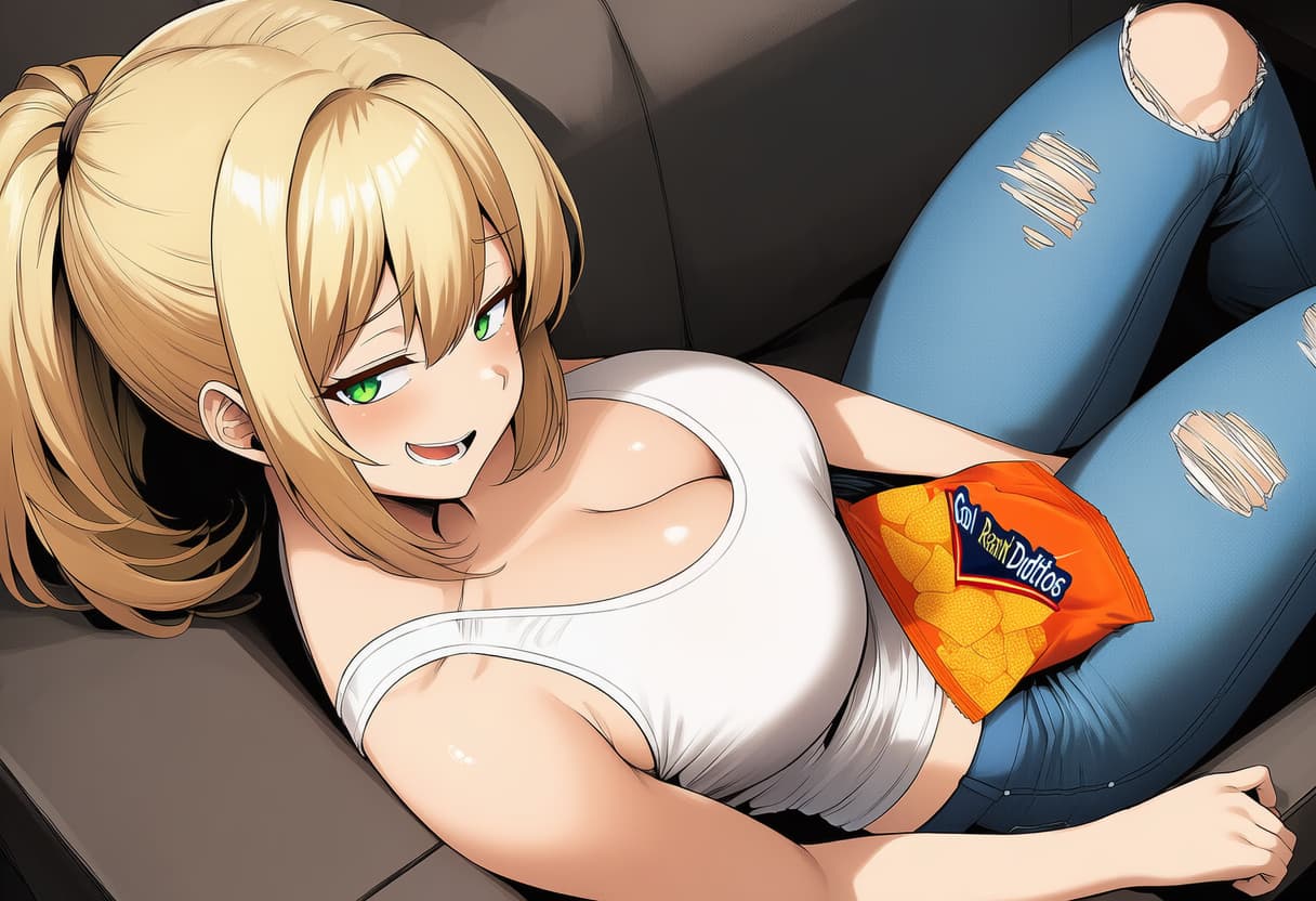 Karakter görseli - lying on couch, blonde hair in ponytail, green eyes, smiling seductively, wearing white tank top and