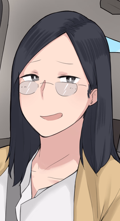 Immagine del personaggio - sitting in car, wearing glasses and white shirt with beige jacket, calm and slightly smiling express