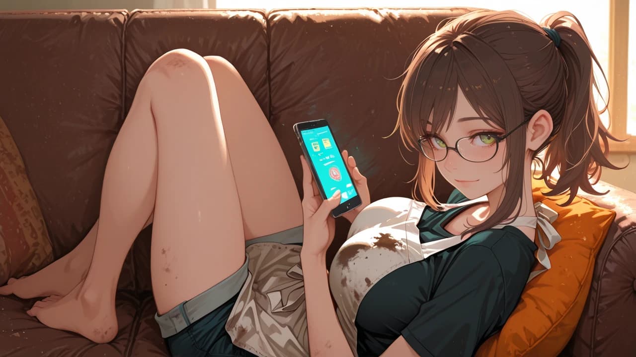 Immagine del personaggio - sitting on couch, legs spread, holding phone, wearing stained apron over shirt, cozy atmosphere, rel