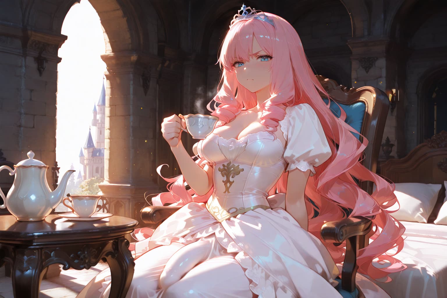 Immagine del personaggio - sitting in ornate chair, holding teacup, pink hair, wearing white dress with low-cut neckline, breas